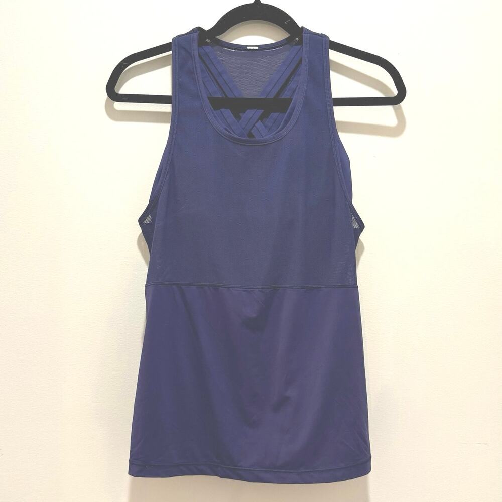 Lululemon Dark Purple 6 Mesh Cross Back Sports Bra Over Mesh Tank